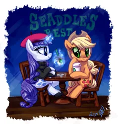 Size: 1275x1330 | Tagged: safe, artist:whitediamonds, derpibooru import, applejack, rarity, earth pony, pony, unicorn, beatnik rarity, beret, cafe, clothes, coffee, date, eye contact, female, hat, lesbian, levitation, magic, mare, rarijack, rarijack daily, shipping, shoes, sitting, starbucks, sweater, telekinesis