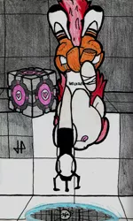 Size: 1078x1792 | Tagged: safe, artist:doctorgiratina, derpibooru import, roseluck, :p, aperture science, bandage, boots, chell, clothes, companion cube, falling, floppy ears, jumpsuit, long fall horseshoe, physics, portal, portal (valve), portal 2, portal gun, science, smiling, solo, test chamber, tongue out, traditional art, upside down, valve, video game