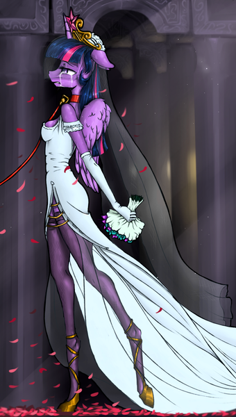 Size: 1200x2117 | Tagged: anthro, arranged marriage, artist:madhotaru, bouquet, breasts, clothes, collar, crying, derpibooru import, dress, evening gloves, fishnets, floppy ears, flower, flower in hair, flower petals, forced, forced wedding, frown, gritted teeth, leash, petals, sad, sandals, see-through, semi-grimdark, sketch, skinny, solo, stockings, twilight sparkle, twilight sparkle (alicorn), unguligrade anthro, veil, walking, wall of tags, wedding, wedding dress, wedding veil