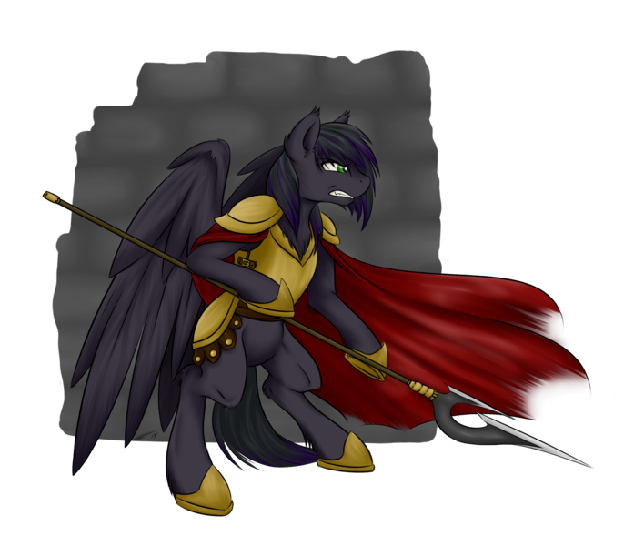 Size: 1600x1400 | Tagged: safe, artist:junkyardgypsy, artist:whipstitch, derpibooru import, oc, oc:rome silvanus, unofficial characters only, pegasus, pony, armor, multicolored hair, solo, spear, weapon, wings