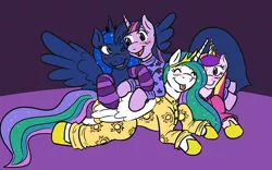 Size: 876x545 | Tagged: safe, artist:caroo, derpibooru import, princess cadance, princess celestia, princess luna, twilight sparkle, twilight sparkle (alicorn), alicorn, pony, alicorn tetrarchy, blushing, clothes, cuddle puddle, cuddling, female, implied lesbian, implied shipping, implied twiluna, mare, pajamas, pony pile, princess pile, sketch, sleepover, true love princesses