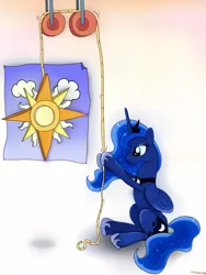 Size: 1100x1466 | Tagged: artist:milanoss, derpibooru import, flag, princess luna, pulley, rope, safe, sitting, solo