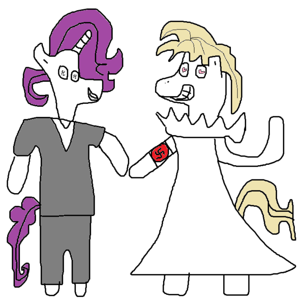 Size: 720x720 | Tagged: safe, artist:caseydraws, derpibooru import, rarity, oc, oc:aryanne, pony, 1000 hours in ms paint, abstract art, backwards swastika, bipedal, clothes, dress, female, lesbian, marriage, ms paint, nazi, simple background, stylistic suck, suit, swastika, trolling, wingding eyes