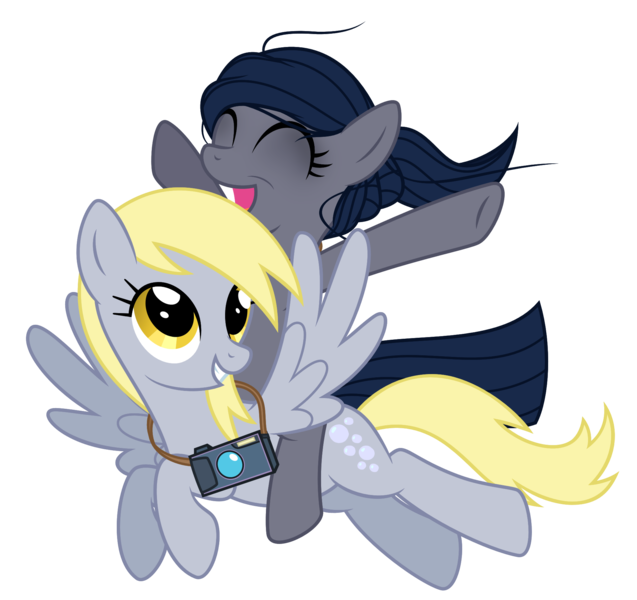 Size: 1964x1851 | Tagged: safe, artist:reitanna-seishin, derpibooru import, derpy hooves, oc, oc:minkie pie, pegasus, pony, camera, female, flying, mare, ponies riding ponies, riding, simple background, transparent background, vector