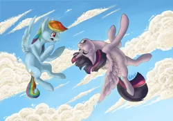 Size: 900x630 | Tagged: safe, artist:amberswirl, derpibooru import, rainbow dash, twilight sparkle, twilight sparkle (alicorn), alicorn, pony, cloud, cloudy, female, flying, flying lesson, gritted teeth, mare, upside down