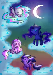 Size: 900x1283 | Tagged: safe, artist:lifekore, derpibooru import, princess cadance, princess celestia, princess luna, twilight sparkle, twilight sparkle (alicorn), alicorn, pony, :3, alicorn tetrarchy, chibi, cloud, cloudy, cute, female, flying, mare, missing accessory, moon, prone, sleeping, smiling