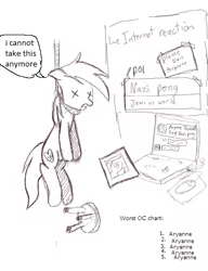 Size: 356x464 | Tagged: semi-grimdark, artist:anonymous, derpibooru import, oc, oc:aryanne, unofficial characters only, earth pony, pony, bullying, dead, drama, female, hanging, hanging (by neck), mare, monochrome, noose, politics, satire, shitposting, solo, suicide, x eyes