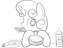 Size: 826x634 | Tagged: apple juice, artist:mcsadat, burger, derpibooru import, eating, food, french fries, grayscale, juice, monochrome, safe, solo, sweetie belle