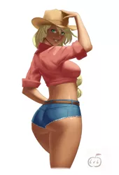 Size: 900x1323 | Tagged: applebucking thighs, applebutt, applejack, artist:lvl, ass, belt, booty shorts, breasts, busty applejack, clothes, cowboy hat, curvy, daisy dukes, derpibooru import, female, freckles, hair tie, hat, hot pants, huge butt, human, humanized, jpg artifacts, large butt, looking at you, looking back, looking back at you, midriff, paint tool sai, pose, rolled up sleeves, seductive look, seductive pose, sexy, shirt, shorts, simple background, smiling, solo, solo female, standing, stetson, suggestive, tanned, the ass was fat, thighs, wedgie, white background, wide hips