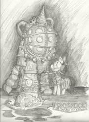 Size: 1000x1373 | Tagged: artist:eternal-equilibrium, big daddy, bioshock, crossover, derpibooru import, little sister, monochrome, safe, traditional art