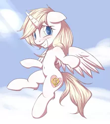 Size: 941x1061 | Tagged: safe, artist:randy, derpibooru import, edit, oc, oc:aryanne, unofficial characters only, alicorn, pony, belly button, blonde, blushing, chest fluff, cloud, cloudy, ear fluff, female, gundam, heart, heaven, horn, neo zeon, princess, princess aryanne, shy, solo, sunlight, wings, zeon