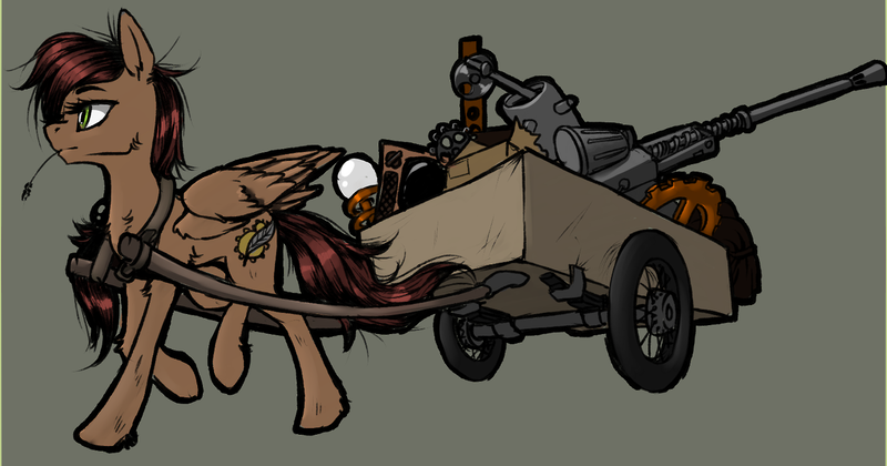 Size: 1280x672 | Tagged: safe, artist:madhotaru, derpibooru import, oc, unofficial characters only, pegasus, pony, cannon, cart, dirty, fluffy, gears, mouth hold, solo, television, walking, weapon, wings