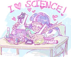 Size: 813x655 | Tagged: abstract background, adorkable, artist:ddhew, beaker, clothes, cute, derpibooru import, dialogue, dork, eyes closed, female, goggles, happy, heart, human, humanized, lab coat, microscope, moderate dark skin, safe, science, smiling, solo, table, test tube, that pony sure does love science, twiabetes, twilight sparkle