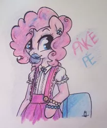 Size: 581x694 | Tagged: anthro, artist:cherrydj, bubblegum, clothes, derpibooru import, piercing, pinkie pie, safe, solo, traditional art