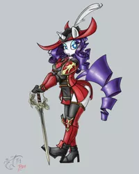 Size: 1200x1500 | Tagged: anthro, artist:melancholy, crossover, derpibooru import, final fantasy, final fantasy xiv, rarity, red mage, safe, side slit, solo, sword, weapon