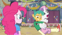 Size: 1280x720 | Tagged: safe, artist:dtkraus, derpibooru import, edit, screencap, pinkie pie, snails, sweetie belle, equestria girls, choking, context is for the weak, heimlich maneuver, not creepy, wat