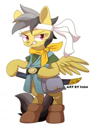 Size: 1209x1653 | Tagged: artist:sion, bipedal, chrono trigger, clothes, crono, crossover, daring do, dead source, derpibooru import, katana, safe, solo, sword, weapon