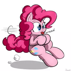 Size: 1500x1500 | Tagged: safe, artist:ramott, derpibooru import, pinkie pie, pony, :p, cute, diapinkes, driving, fluffle puffing, imaginary car, motion lines, pinkie being pinkie, ponk, raspberry, silly, silly pony, simple background, solo, spit, tongue out, white background