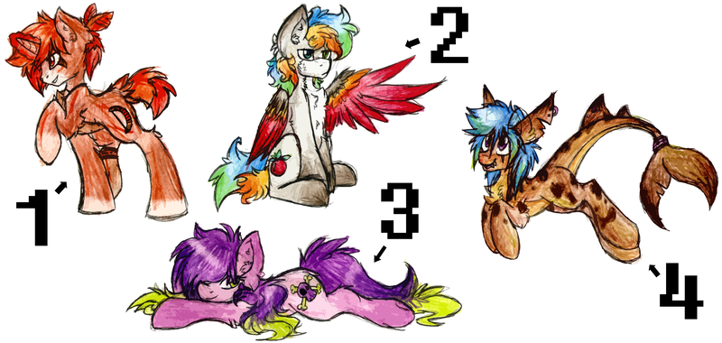 Size: 3091x1468 | Tagged: safe, artist:iroxykun, derpibooru import, oc, oc:cross poison, oc:fruit cup, oc:long range, oc:seafare, unofficial characters only, earth pony, original species, pegasus, shark, shark pony, unicorn, adoptable, colored wings, cutie mark, female, frown, horn, magic, male, mare, multicolored hair, multicolored wings, rainbow hair, smiling, stallion, wings