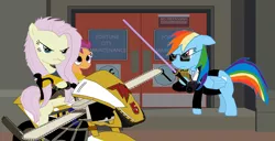 Size: 900x462 | Tagged: safe, derpibooru import, fluttershy, rainbow dash, scootaloo, pegasus, pony, chuck greene, clothes, dead rising, dead rising 2: off the record, female, filly, frank west, lightsaber, mare