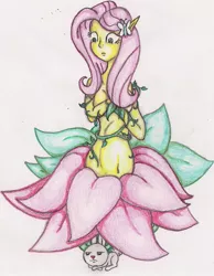 Size: 1130x1456 | Tagged: suggestive, artist:thegloriesbigj, derpibooru import, angel bunny, fluttershy, alraune, monster girl, equestria girls, belly button, breasts, clothes, covering, flower, flutterdryad, implied nudity, partial nudity, plant, solo, topless