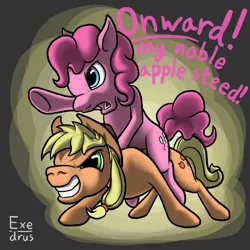 Size: 2048x2048 | Tagged: safe, artist:exedrus, derpibooru import, applejack, pinkie pie, abstract background, frown, glare, gritted teeth, growling, open mouth, pointing, ponies riding ponies, underhoof