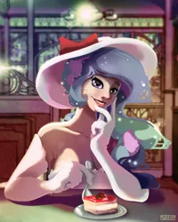 Size: 900x1125 | Tagged: artist:monsieurwilliam, beautiful, cake, cakelestia, clothes, derpibooru import, evening gloves, gloves, hat, human, humanized, looking at you, princess celestia, safe, solo