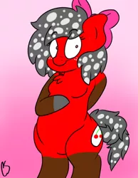 Size: 700x900 | Tagged: safe, artist:thecherrysodaaskblog, derpibooru import, oc, oc:cherry soda, unofficial characters only, anthro, earth pony, semi-anthro, arm hooves, belly, bipedal, chubby, gradient background, hair bow, looking at you, smiling, style emulation, wide eyes, wide hips