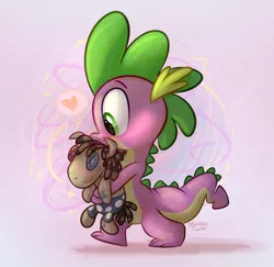 Size: 1137x1105 | Tagged: safe, artist:thedoggygal, derpibooru import, smarty pants, spike, dragon, baby, baby dragon, carrying, cute, doll, green eyes, heart, hug, male, signature, smiling, solo, spikabetes, toy