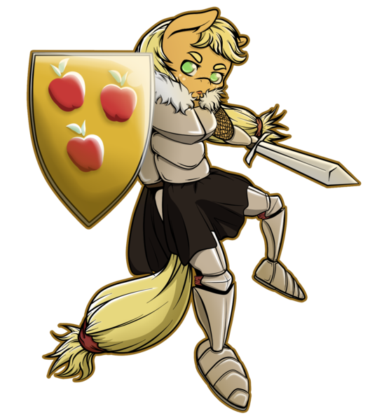 Size: 1509x1652 | Tagged: anthro, applejack, armor, artist:thepiplup, derpibooru import, safe, shield, sword