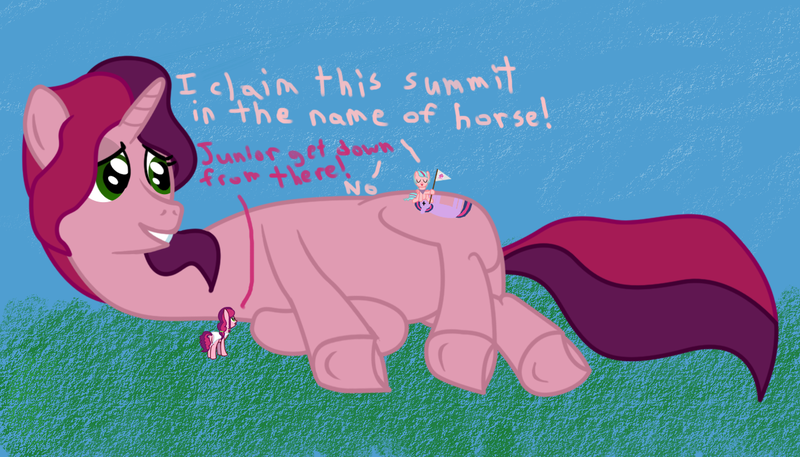 Size: 1200x685 | Tagged: safe, artist:mightyshockwave, derpibooru import, oc, oc:gloomy, oc:junior, oc:marker pony, unofficial characters only, pony, unicorn, 4chan, adventure, giant pony, giant unicorn, giantess, macro, mascot, mlpg, plot, side