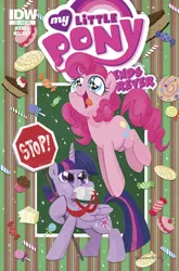 Size: 988x1500 | Tagged: safe, artist:brendahickey, derpibooru import, idw, pinkie pie, twilight sparkle, twilight sparkle (alicorn), alicorn, pony, friends forever, spoiler:comic, spoiler:ff12, baked goods, blowing, candy, chubby cheeks, cover, eyes on the prize, female, frown, glare, hoof hold, looking up, mare, no fun allowed, open mouth, pronking, puffy cheeks, smiling, stop sign, tongue out, whistle, wingding eyes