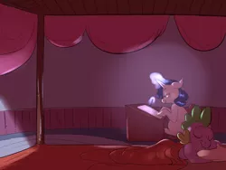 Size: 1280x960 | Tagged: safe, artist:imsokyo, derpibooru import, rarity, spike, dragon, pony, unicorn, daily life of spike, daily sleeping spike, bed, duo, eyes closed, female, magic, male, mare, sleeping, tumblr, writing