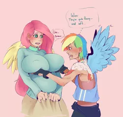 Size: 1936x1835 | Tagged: suggestive, artist:sundown, derpibooru import, fluttershy, rainbow dash, human, bad touch, big breasts, blushing, boob socks, breast fondling, breast grab, breast squeeze, breasts, busty fluttershy, clothes, drool, embarrassed, eyes on the prize, female, flutterdash, grope, huge breasts, humanized, lesbian, molestation, open mouth, plump, pomf, shipping, spread wings, sweat, sweater puppies, sweatershy, vacuum sealed clothing, wide eyes, wingboner, winged humanization