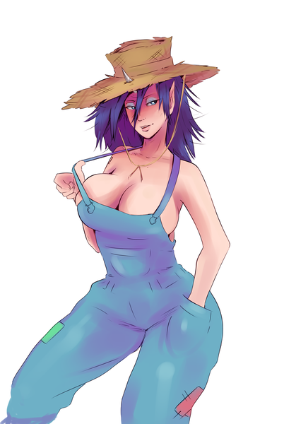 Size: 1508x2250 | Tagged: artist:sundown, big breasts, breasts, busty rarity, cleavage, derpibooru import, elf ears, female, hat, horned humanization, human, humanized, juliette d'rarie, light skin, naked overalls, nudity, overalls, rarihick, rarity, sharp horn, simple ways, solo, solo female, suggestive, unicorns as elves