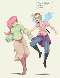 Size: 1939x2500 | Tagged: artist:sundown, blushing, boots, breasts, busty fluttershy, clothes, derpibooru import, female, fluttershy, flying, holding hands, human, humanized, katana, midriff, open mouth, rainbow dash, safe, simple background, smiling, sweatershy, sword, trade ya, weapon, white background, winged humanization