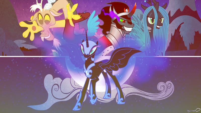 Size: 1920x1080 | Tagged: antagonist, artist:alexiy777, artist:eipred, artist:zakbo1337, artist:zutheskunk edits, derpibooru import, discord, king sombra, moon, night, nightmare moon, queen chrysalis, safe, vector, wallpaper