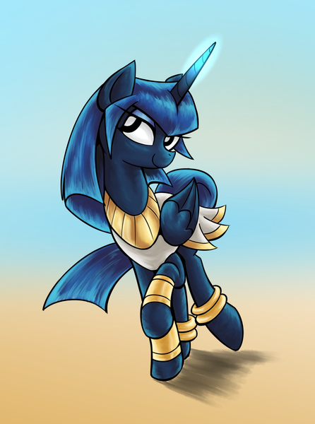 Size: 1025x1380 | Tagged: alternate hairstyle, anklet, artist:lovelyneckbeard, bedroom eyes, bracelet, clothes, cute, dead source, derpibooru import, egyptian, egyptian pony, glowing horn, magic, princess luna, raised hoof, raised leg, safe, smiling, solo