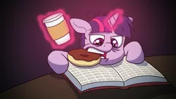 Size: 1920x1080 | Tagged: artist:tranquilmind, biting, book, coffee, derpibooru import, donut, magic, messy mane, safe, solo, study, studying, tired, twilight sparkle