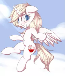 Size: 895x1050 | Tagged: safe, artist:randy, derpibooru import, edit, oc, oc:aryanne, unofficial characters only, alicorn, pony, belly button, blonde, blushing, chest fluff, classic rock ponies, cloud, cloudy, ear fluff, female, hammers, heart, heaven, horn, implied hammers, pink floyd, princess, princess aryanne, shy, solo, sunlight, the wall, wings