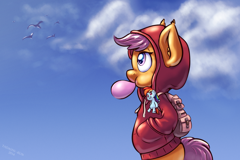 Size: 2000x1333 | Tagged: safe, artist:tadashi--kun, derpibooru import, rainbow dash, scootaloo, pony, backpack, bipedal, bubblegum, clothes, ear fluff, female, hands in pockets, hoodie, plushie