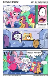 Size: 4000x6048 | Tagged: suggestive, artist:wadusher0, derpibooru import, apple bloom, applejack, pinkie pie, rarity, scootaloo, sweetie belle, earth pony, pegasus, pony, unicorn, bath, blushing, butt, caught, comic, cutie mark crusaders, female, filly, implied cunnilingus, implied oral, implied sex, lesbian, mare, missing accessory, plot, rarijack, shipping, twilight's castle, unshorn fetlocks, wet, wet mane, wet mane rarity, wingboner