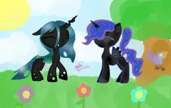 Size: 1262x797 | Tagged: safe, artist:missmagicalwolf, derpibooru import, nightmare moon, queen chrysalis, alicorn, bird, changeling, changeling queen, nymph, pony, blank flank, cloud, cute, cutealis, duo, duo female, eyes closed, female, filly, flower, moonabetes, signature, sky, smiling, sun, tree, younger