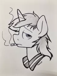 Size: 956x1280 | Tagged: safe, artist:moozua, derpibooru import, shining armor, pony, unicorn, bust, drugs, male, marijuana, monochrome, portrait, smoking, solo, stallion, traditional art