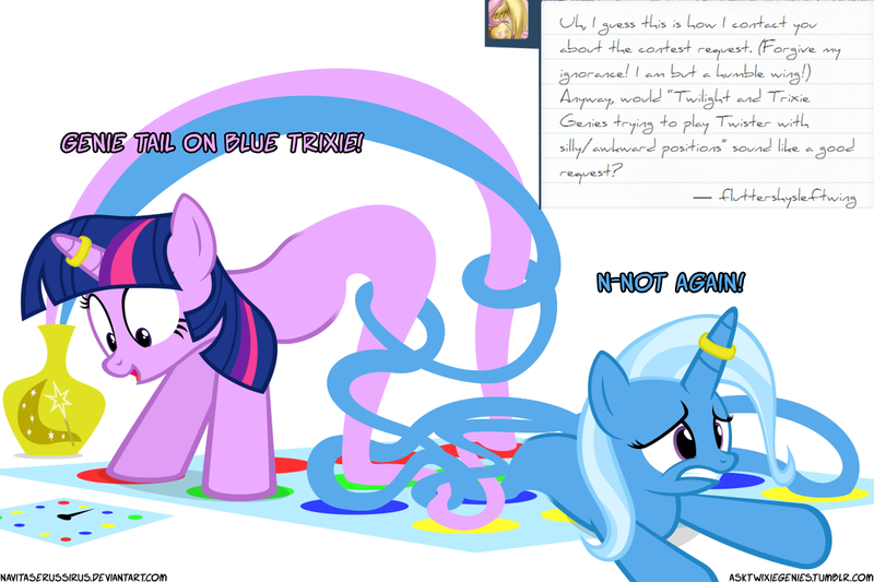 Size: 1200x800 | Tagged: safe, artist:navitaserussirus, derpibooru import, trixie, twilight sparkle, genie, asktwixiegenies, ask, female, lesbian, shipping, tangled up, tumblr, twister, twixie