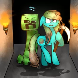 Size: 3200x3200 | Tagged: safe, artist:miningcazzy, derpibooru import, oc, unofficial characters only, earth pony, pony, cave, creeper, crossover, minecraft, pickaxe