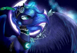 Size: 6874x4816 | Tagged: safe, artist:alicjaspring, derpibooru import, princess luna, alicorn, pony, absurd resolution, armor, crescent moon, ear piercing, earring, feather, female, frown, glow, glowing horn, goggles, jewelry, looking up, mare, moon, night, peacock feathers, piercing, sky, solo, sparkles, spread wings, starry night, stars, steampunk, wings