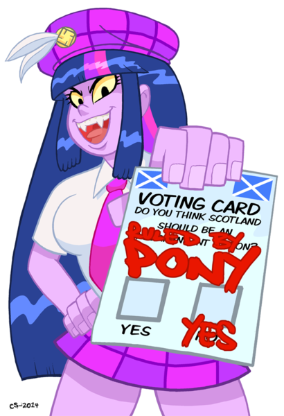 Size: 615x900 | Tagged: safe, artist:curtsibling, derpibooru import, twilight sparkle, equestria girls, ballot, beret, clothes, evil grin, fangs, feather, hat, nazi, necktie, open mouth, plaid, politics, scotland, scottish independence, short sleeves, skirt, swastika, tartan, thighs, tongue out, yellow sclera