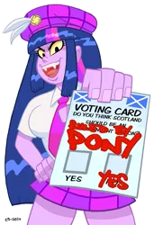 Size: 615x900 | Tagged: safe, artist:curtsibling, derpibooru import, twilight sparkle, equestria girls, ballot, beret, clothes, evil grin, fangs, feather, hat, nazi, necktie, open mouth, plaid, politics, scotland, scottish independence, short sleeves, skirt, swastika, tartan, thighs, tongue out, yellow sclera