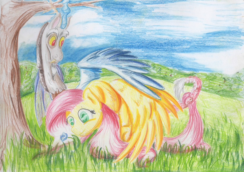 Size: 3491x2466 | Tagged: safe, artist:baldmoose, derpibooru import, discord, fluttershy, discoshy, female, male, shipping, straight, traditional art